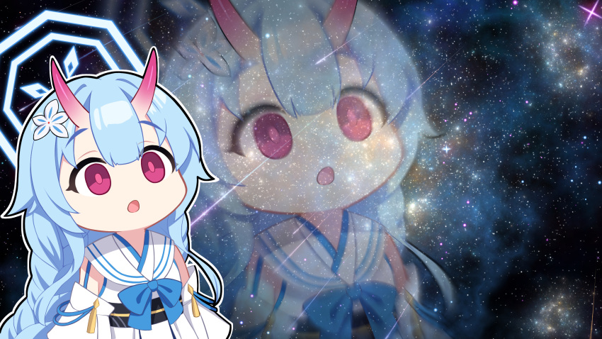1girl ajifurai blue_archive blue_hair chise_(blue_archive) commentary_request detached_sleeves empty_eyes hair_ornament halo highres horns japanese_clothes long_hair meme oni_horns open_mouth sky solo space space_cat_(meme) star_(sky) starry_sky