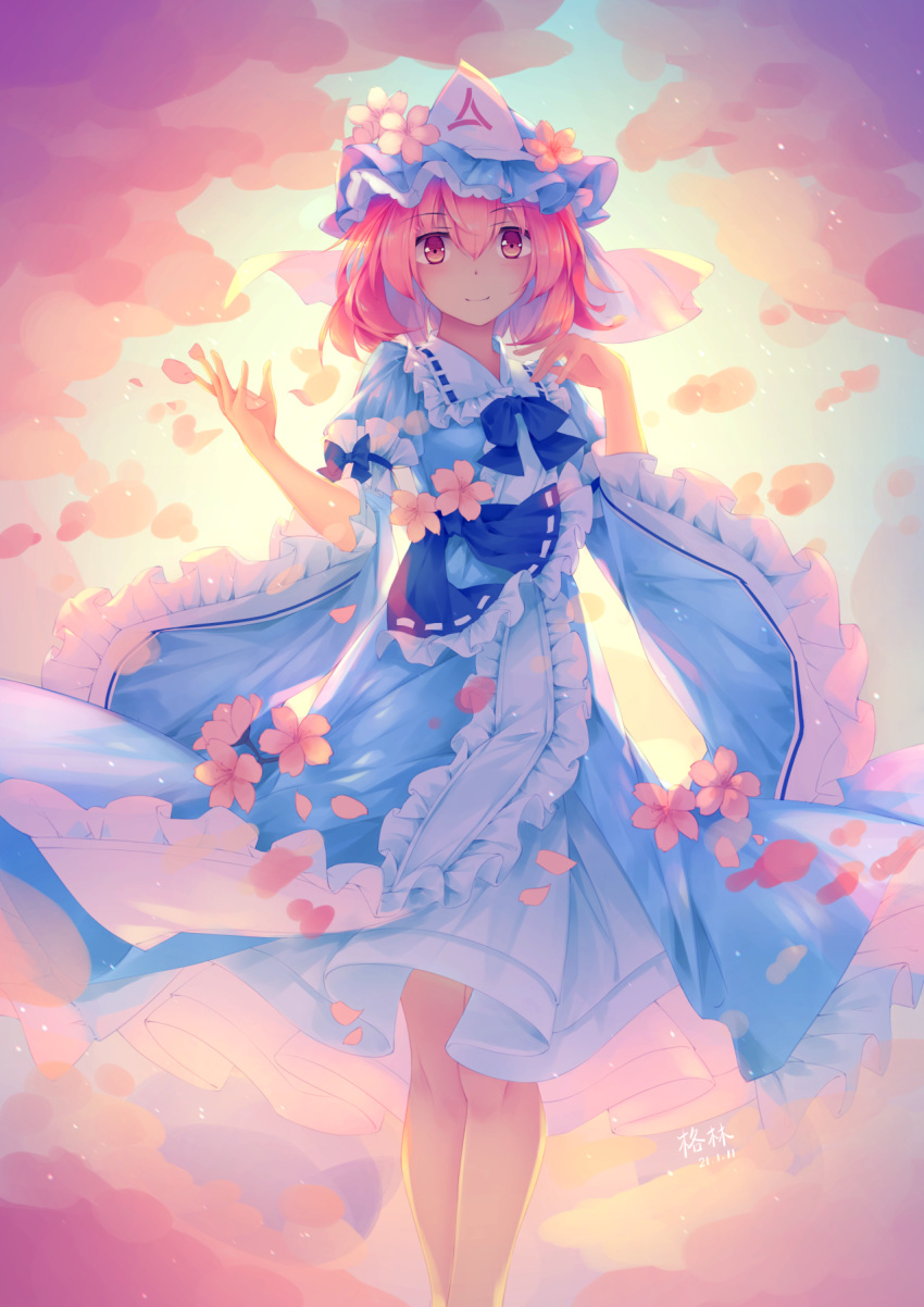 1girl arm_cuffs bangs blue_bow blue_bowtie blue_headwear blue_kimono blush bow bowtie cherry_blossoms closed_mouth commentary_request dated feet_out_of_frame flower frilled_kimono frilled_shirt_collar frilled_sleeves frills hat hat_flower highres japanese_clothes kimono light_particles mechrailgun medium_hair mob_cap petals pink_eyes pink_hair ribbon_trim saigyouji_yuyuko signature sleeves_past_elbows smile solo touhou triangular_headpiece veil wide_sleeves