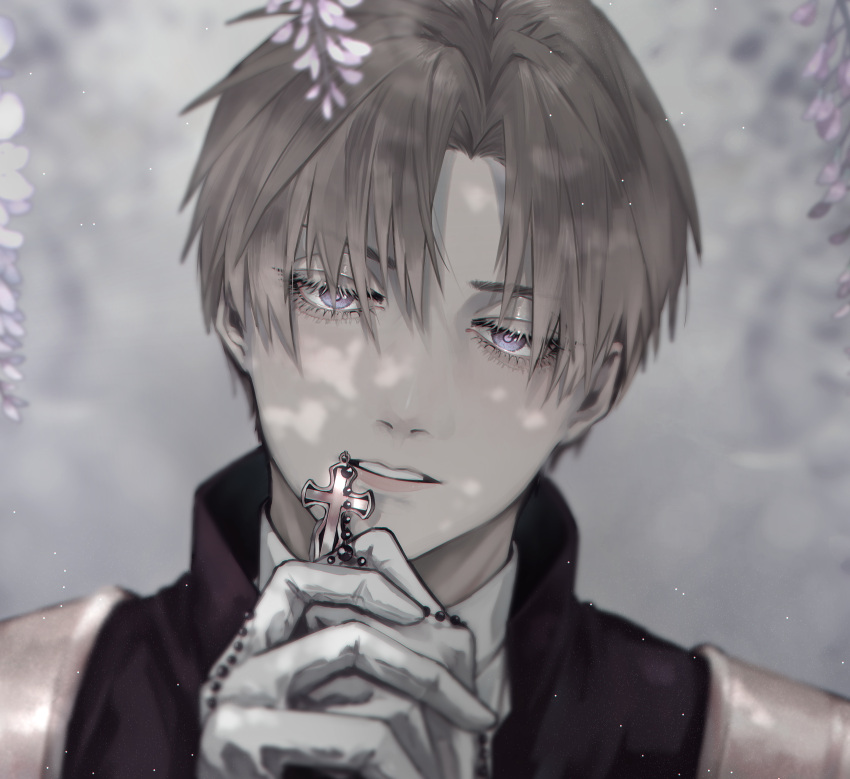 1boy absurdres bangs blurry brown_hair cross depth_of_field eyelashes flower gloves grey_background grey_hair half-closed_eyes heshikiri_hasebe highres holding interlocked_fingers light_particles looking_afar male_focus nature own_hands_together parted_bangs parted_lips portrait praying r_a_y0 rosary short_hair solo touken_ranbu violet_eyes white_gloves wisteria
