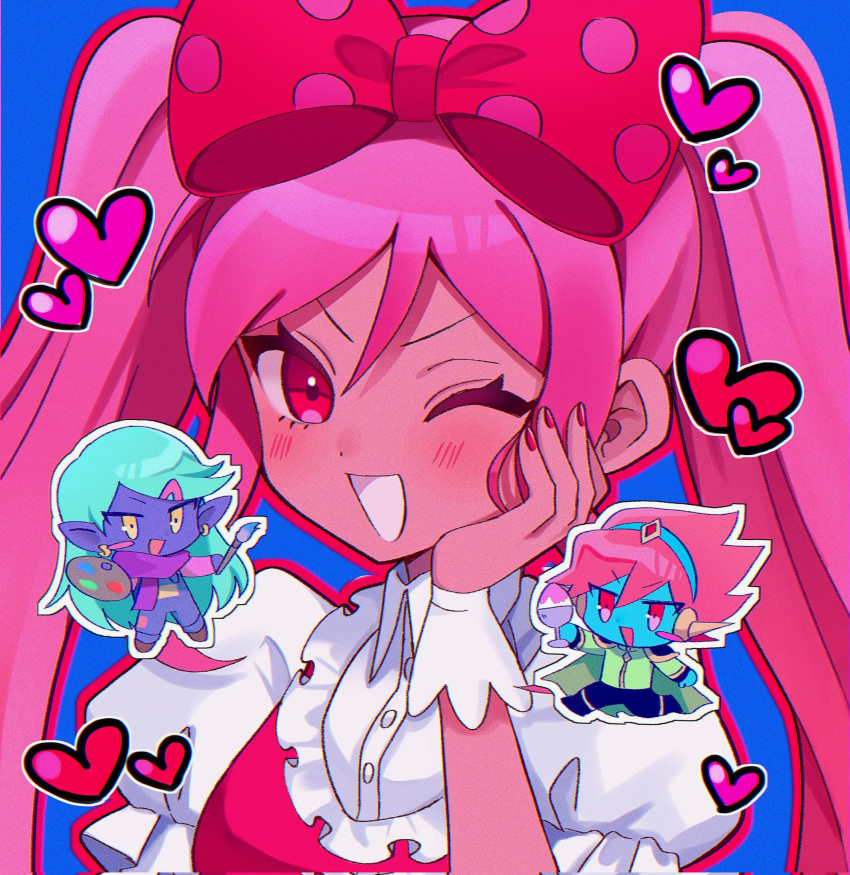 1girl 2boys blue_hair blue_skin blush bow captain_spaceboy chibi colored_skin dark-skinned_female dark_skin heart highres holding holding_paintbrush holding_palette long_hair looking_at_viewer multiple_boys omori one_eye_closed open_mouth paintbrush palette_(object) pink_bow pink_eyes pink_hair pointy_ears puffy_short_sleeves puffy_sleeves purple_skin red_nails rococo_(omori) short_hair short_sleeves smile sweetheart_(omori) swh_78 twintails upper_body yellow_eyes