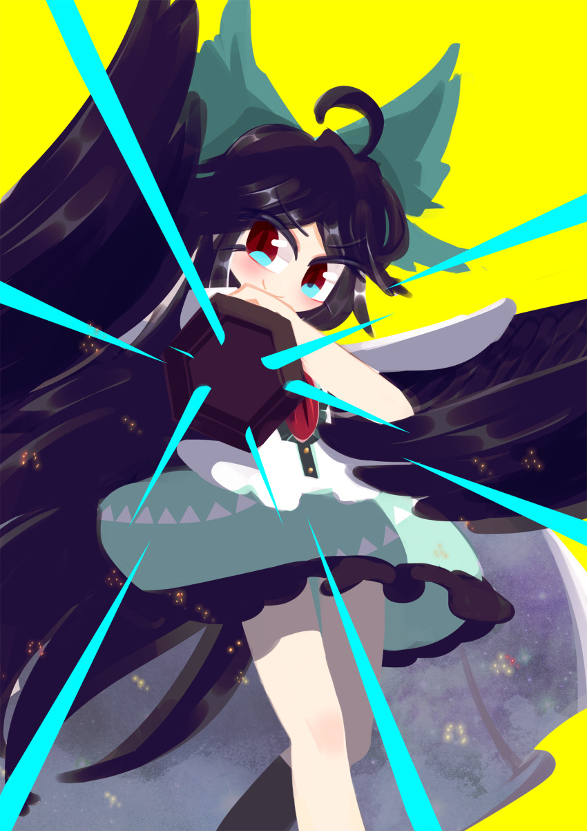 1girl ahoge aiming_at_viewer arm_cannon bangs bird_wings black_hair black_wings blush bow cape closed_mouth commentary_request control_rod feet_out_of_frame frilled_skirt frills green_bow green_skirt hair_bow highres kurocat long_hair looking_at_viewer red_eyes reiuji_utsuho shirt short_sleeves simple_background skirt smile solo starry_sky_print third_eye touhou weapon white_cape white_shirt wings yellow_background