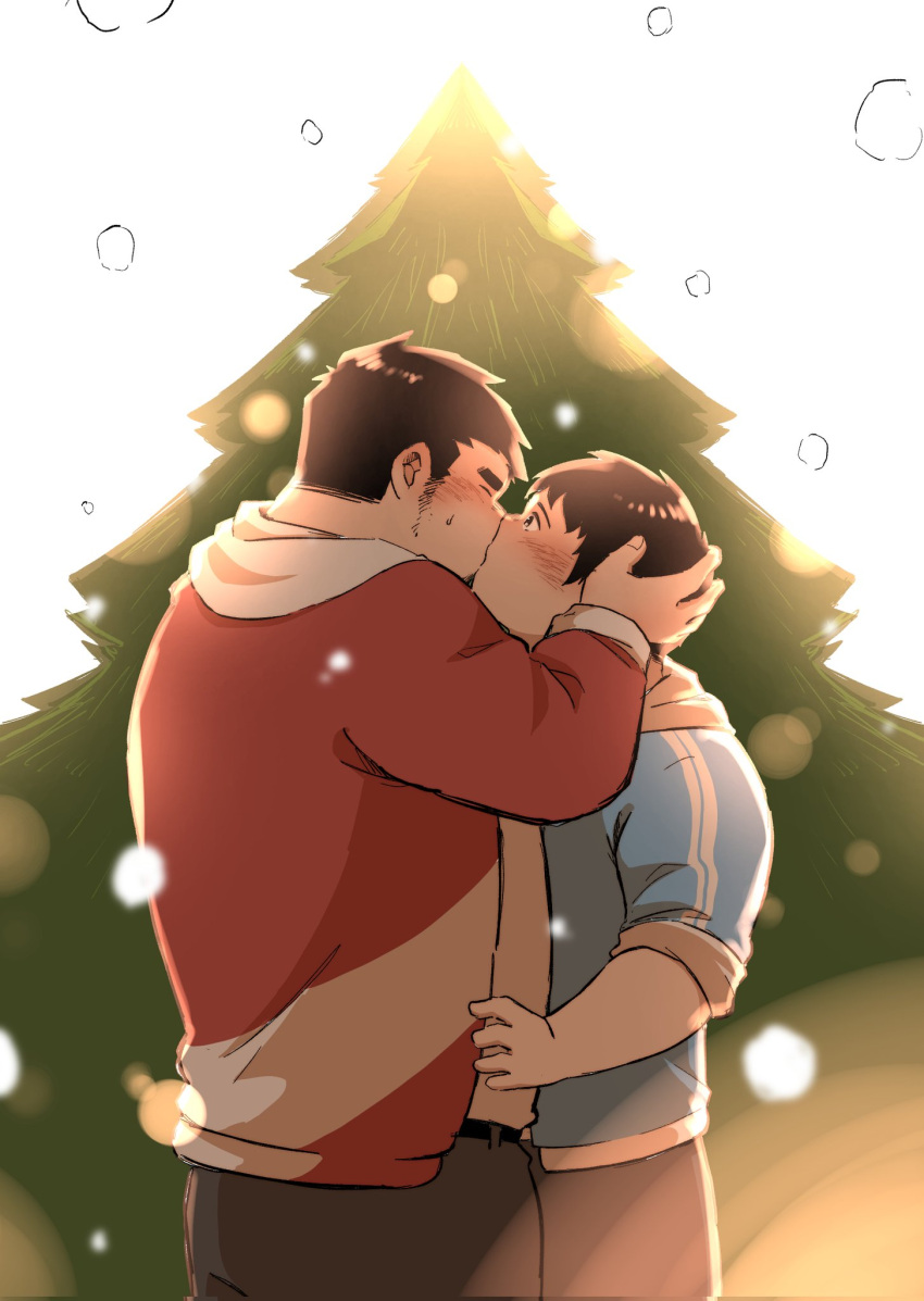 2boys archer_(archery045) belt black_hair blush christmas_tree closed_eyes hand_on_another's_head highres hood hoodie khakis kiss lens_flare male_focus multiple_boys original plump sideburns snowing sweat yaoi