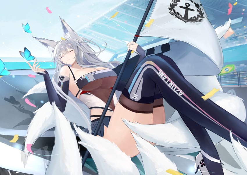 1girl absurdres alternate_costume animal_ears azur_lane breasts bug butterfly chiyu1182 closed_eyes elbow_gloves flag flagpole fox_ears fox_tail gloves high_heels highres holding holding_flag kitsune large_breasts long_hair miniskirt multiple_tails official_alternate_costume pleated_skirt racequeen racetrack revealing_clothes shinano_(azur_lane) skirt solo stadium tail thigh-highs white_hair