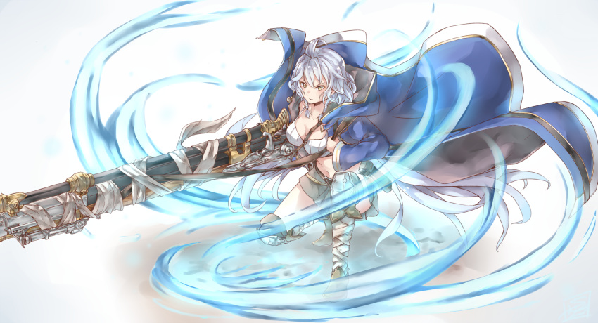 1girl ahoge aura bandaged_leg bandages belt belt_pouch blue_coat braid cleavage_cutout clothing_cutout coat granblue_fantasy grey_hair gun hair_between_eyes highres holding holding_gun holding_weapon hood hood_down hooded_coat huge_weapon knee_pads limitless_skye long_hair looking_at_viewer navel one_knee open_clothes open_coat parted_lips pouch silva_(granblue_fantasy) solo very_long_hair weapon wind yellow_eyes