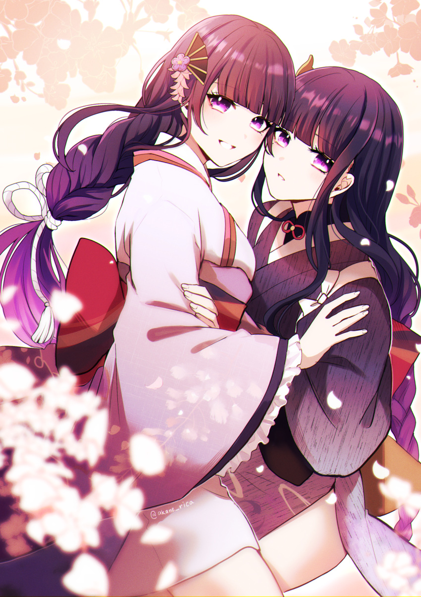 2girls annerica bangs blunt_bangs blurry braid cherry_blossoms commentary_request depth_of_field falling_petals frilled_sleeves frills from_side genshin_impact hair_ornament heads_together highres japanese_clothes kimono long_hair long_sleeves looking_at_viewer looking_to_the_side low_ponytail makoto_(genshin_impact) mole mole_under_eye multiple_girls obi parted_lips petals purple_hair raiden_shogun sash siblings sidelocks single_braid smile tasuki twins violet_eyes wide_sleeves