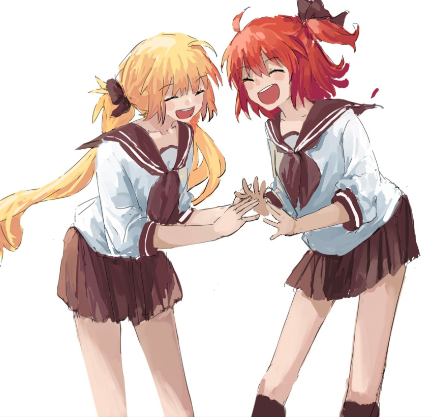 2girls ahoge artoria_caster_(fate) artoria_pendragon_(fate) blonde_hair blush bow brown_bow brown_neckerchief brown_sailor_collar closed_eyes fate/grand_order fate_(series) fujimaru_ritsuka_(female) hair_bow highres long_hair multiple_girls neckerchief orange_hair round_teeth sailor_collar school_uniform serafuku shirt side_ponytail sketch smile sprinkle_star_(sa_xing) teeth twintails upper_teeth white_background white_shirt