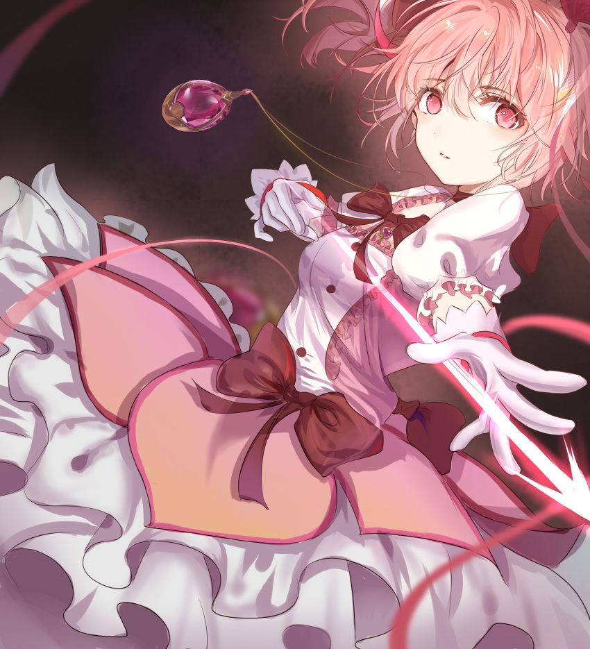 1girl absurdres arrow_(projectile) bangs black_background black_goats bow bubble_skirt commentary_request dress dutch_angle gloves glowing hair_ribbon highres kaname_madoka light_blush mahou_shoujo_madoka_magica parted_lips pink_dress pink_eyes pink_hair puffy_short_sleeves puffy_sleeves red_bow ribbon short_hair short_sleeves skirt smile solo standing twintails upper_body white_dress white_gloves