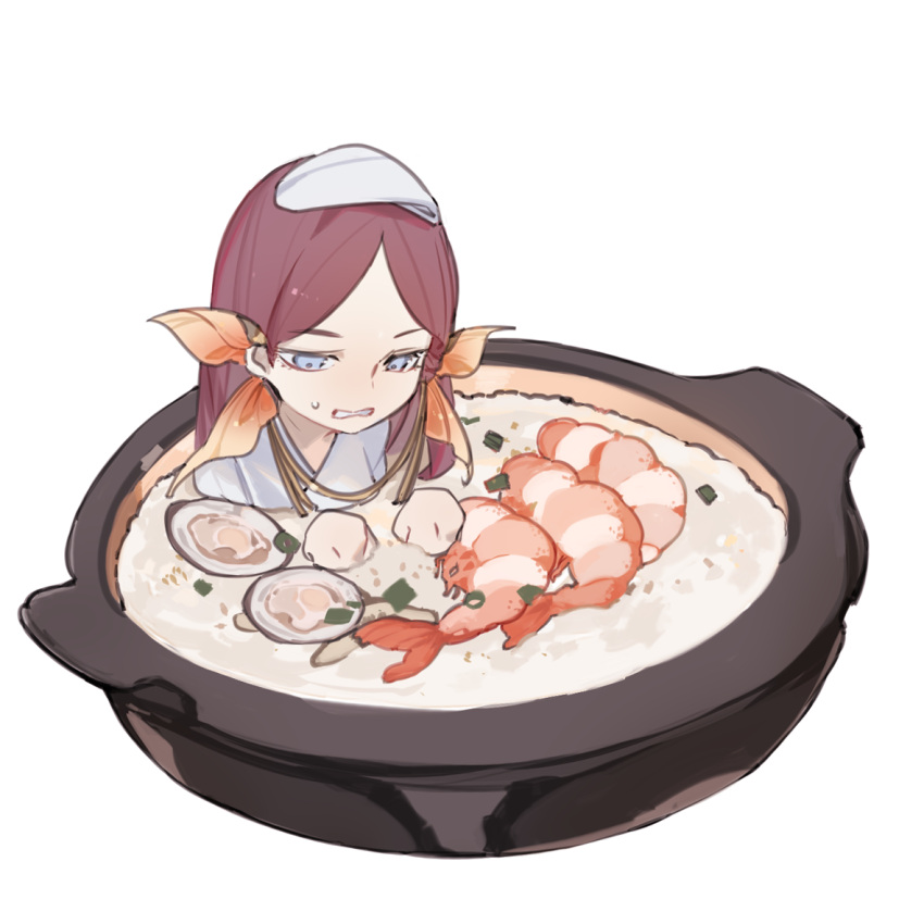 blush character_request chibi clam code009 cooking_pot crustacean food food_request hair_behind_ear hair_ornament head_fins in_food in_pot long_hair looking_away looking_down partially_submerged porridge purple_hair shanhai_jing_hua shell shrimp simple_background sitting solo string sweat towel towel_on_head white_background