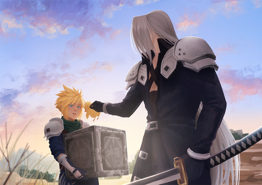 2boys animal aqua_eyes armor bird black_gloves black_jacket blonde_hair blue_shirt box chest_strap chick chocobo cloud_strife clouds cloudy_sky final_fantasy final_fantasy_vii final_fantasy_vii_remake gloves green_scarf hair_between_eyes ho_fan holding holding_animal holding_bird holding_box holding_sword holding_weapon jacket long_hair male_focus masamune_(ff7) multiple_boys outdoors outstretched_arm parted_lips scarf sephiroth shirt short_hair shoulder_armor sky spiky_hair sword upper_body weapon