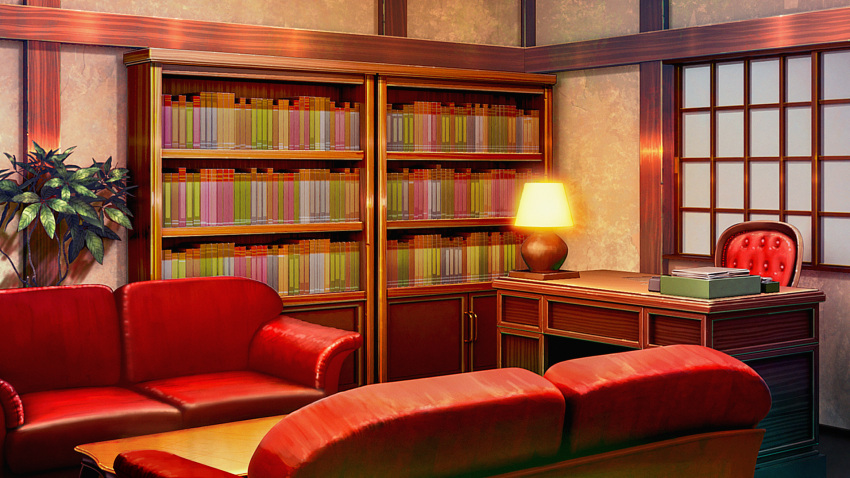book bookshelf color_creation commentary_request desk highres indoors lamp light no_humans original scenery table window
