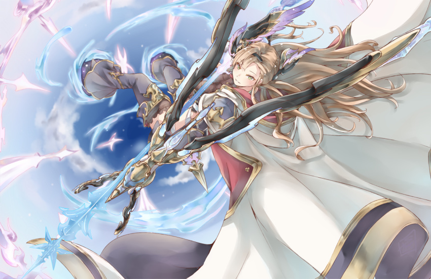 1girl aiming armor arrow_(projectile) blue_sky bow_(weapon) brown_hair brown_thighhighs clouds coat coat_on_shoulders feather_hair_ornament feathers frilled_legwear frills granblue_fantasy green_eyes hair_ornament headgear holding holding_arrow holding_bow_(weapon) holding_weapon hood hood_down hooded_coat light_particles limitless_skye long_hair magic multicolored_clothes multicolored_coat parted_lips pauldrons purple_feathers shoulder_armor sky smile solo thigh-highs tweyen_(granblue_fantasy) two-tone_coat weapon white_coat