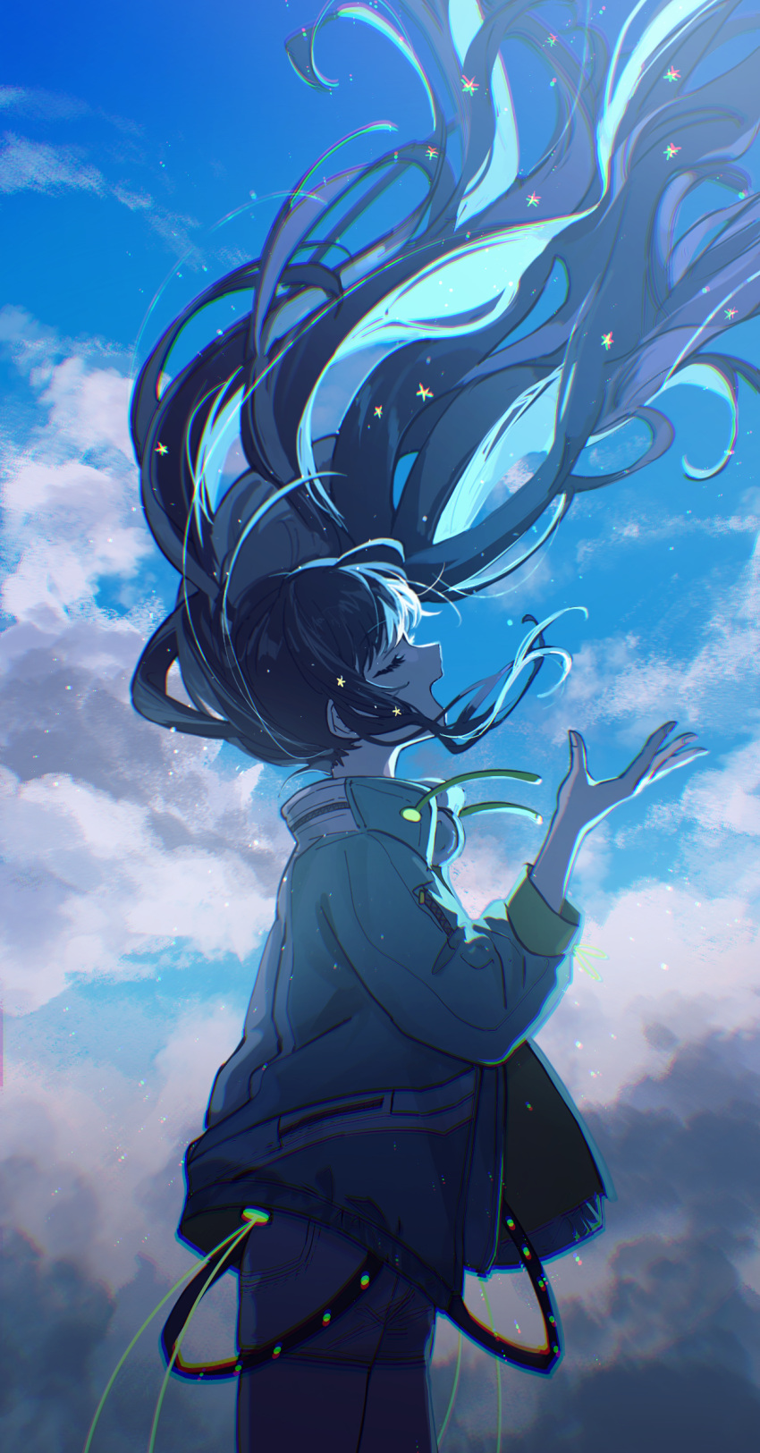1girl bangs blue_coat blue_hair blue_sky blue_theme blunt_bangs chromatic_aberration closed_eyes clouds cloudy_sky coat floating_hair hand_up highres kika light_particles long_hair long_sleeves open_hand open_mouth project_sekai shiraishi_an sidelocks sky solo sparkle standing vivid_bad_squad_(project_sekai) zipper zipper_pull_tab