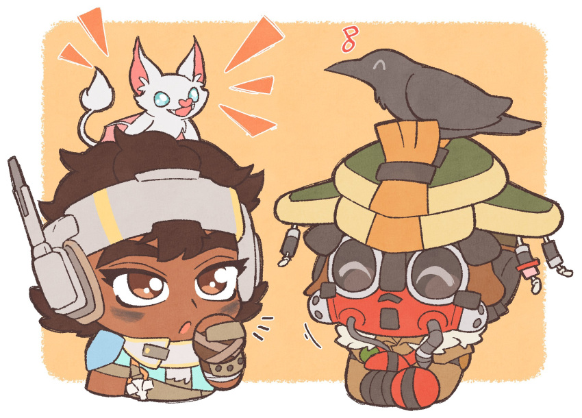 1girl 1other :o ^_^ ambiguous_gender animal_on_head apex_legends bat_(animal) bird bird_on_head bloodhound_(apex_legends) brown_eyes brown_hair cable chibi closed_eyes crossed_arms crow dark-skinned_female dark_skin echo_(apex_legends) fangs goggles headset helmet highres on_head open_mouth otezo rebreather smile vantage_(apex_legends)