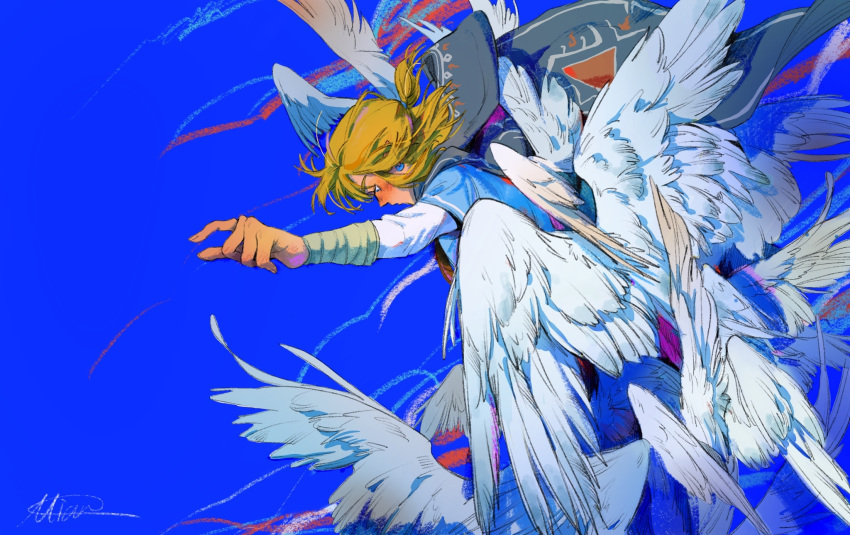 1boy arm_guards bangs blonde_hair blue_background blue_eyes blue_tunic blush cape closed_mouth earrings feathered_wings floating_hair flying from_side grey_cape half_updo highres huizhuan_song_shi jewelry link looking_away looking_down male_focus multiple_wings outstretched_arm pointy_ears profile signature simple_background solo the_legend_of_zelda the_legend_of_zelda:_breath_of_the_wild too_many white_wings wings