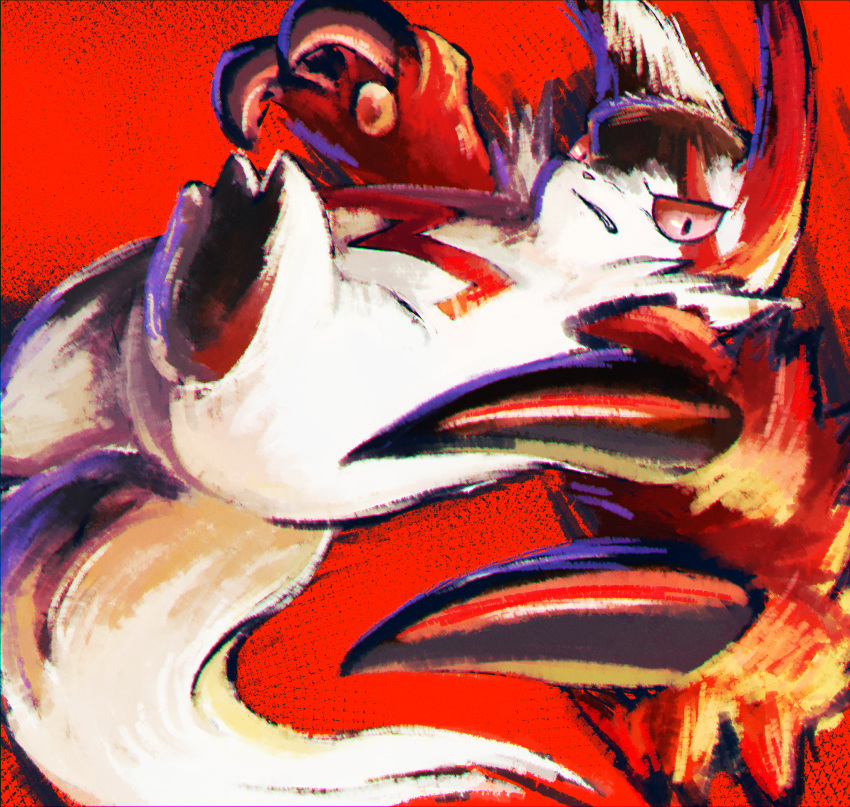 1boy angry animal_ears animal_feet animal_hands animal_nose black_eyes body_fur chromatic_aberration claws clenched_teeth colored_sclera commentary_request furry furry_male highres jumping ka-neito looking_at_viewer male_focus one-hour_drawing_challenge partial_commentary pawpads pokemon pokemon_(creature) red_background red_fur red_sclera simple_background solo tail teeth two-tone_fur white_fur zangoose
