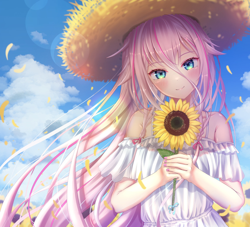 1girl absurdres bangs blue_eyes blue_ribbon blue_sky blush closed_mouth clouds dress floating_hair flower hair_between_eyes hat hatyomugi00 highres holding holding_flower ia_(vocaloid) lens_flare long_hair looking_at_viewer nail_polish petals pink_hair pink_nails ribbon shiny shiny_hair short_sleeves sky smile solo straw_hat sun_hat sundress sunflower very_long_hair vocaloid white_dress white_hair yellow_flower yellow_headwear