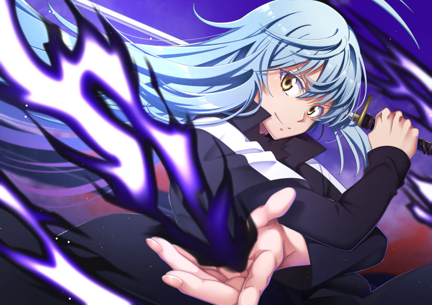 1other absurdres androgynous bangs black_jacket blue_hair closed_mouth crossed_arms fire hair_between_eyes highres holding holding_sword holding_weapon jacket long_hair long_sleeves magic rimuru_tempest shiny shiny_hair sibato5 smile straight_hair sword tensei_shitara_slime_datta_ken upper_body very_long_hair weapon yellow_eyes
