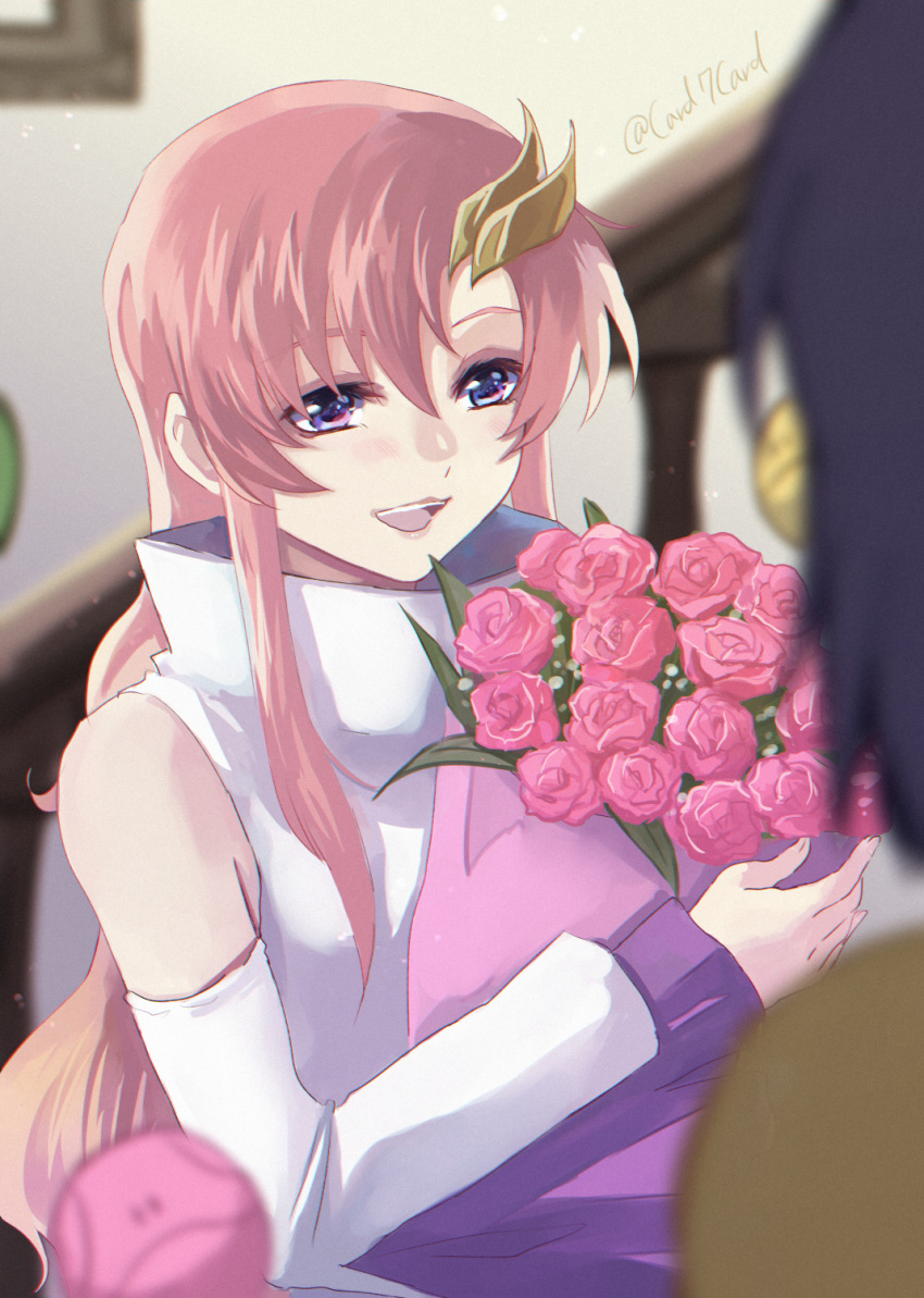 1girl :d athrun_zala bangs blurry blurry_background bouquet detached_sleeves flower gundam gundam_seed hair_between_eyes hair_ornament haro highres holding holding_bouquet jacket lacus_clyne long_hair long_sleeves open_mouth pink_flower pink_hair shiny shiny_hair sleeveless sleeveless_jacket smile solo_focus twitter_username upper_body very_long_hair violet_eyes white_jacket white_sleeves yuuka_seisen