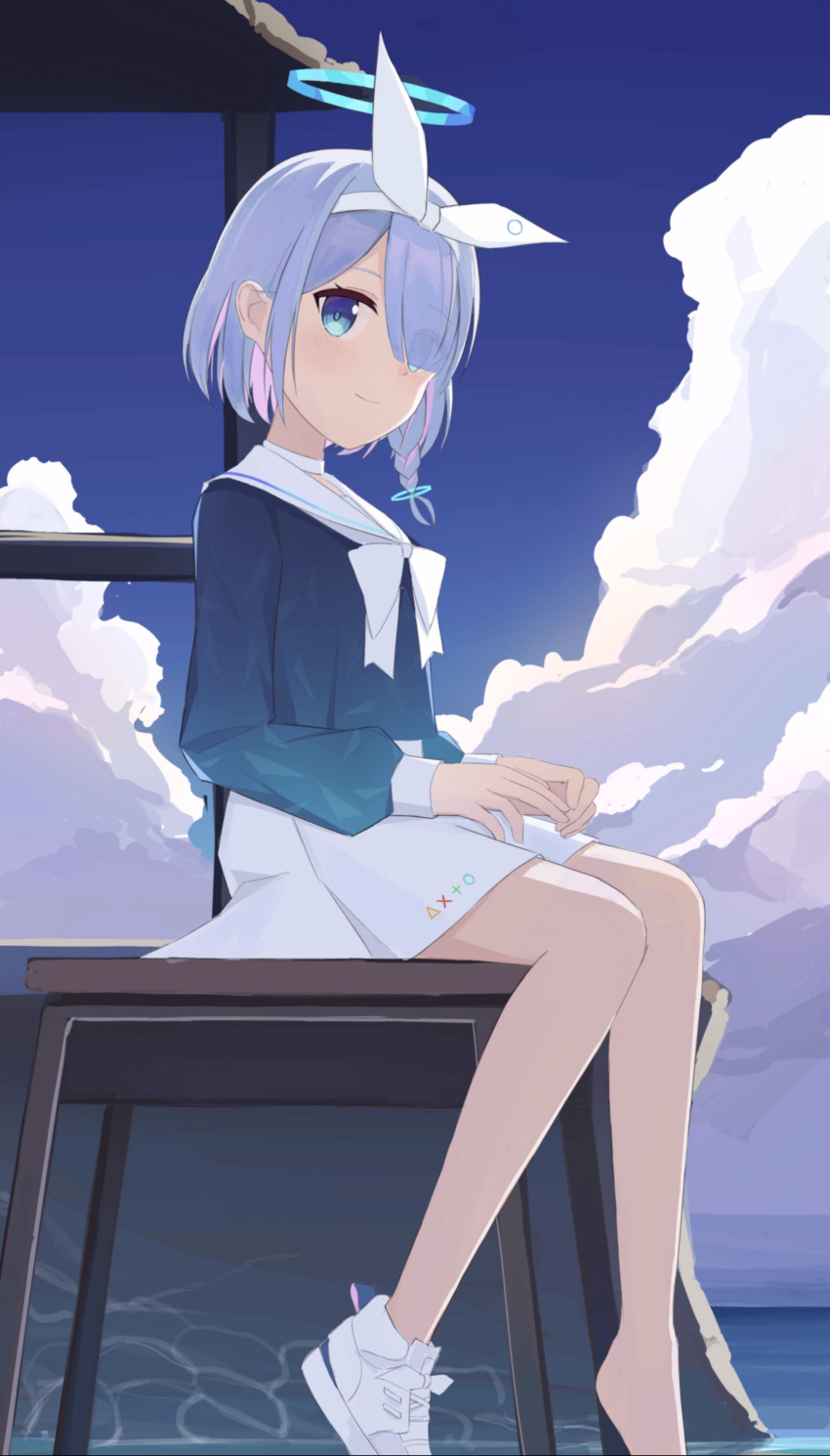 1girl absurdres arona_(blue_archive) bangs blue_archive blue_eyes blue_hair blue_skirt braid choker clouds cloudy_sky commentary_request desk from_side hair_over_one_eye hairband halo highres long_sleeves looking_at_viewer looking_to_the_side pleated_skirt school_desk school_uniform serafuku shasha_(shasha159357) shoes short_hair sidelocks single_braid sitting skirt sky smile sneakers solo