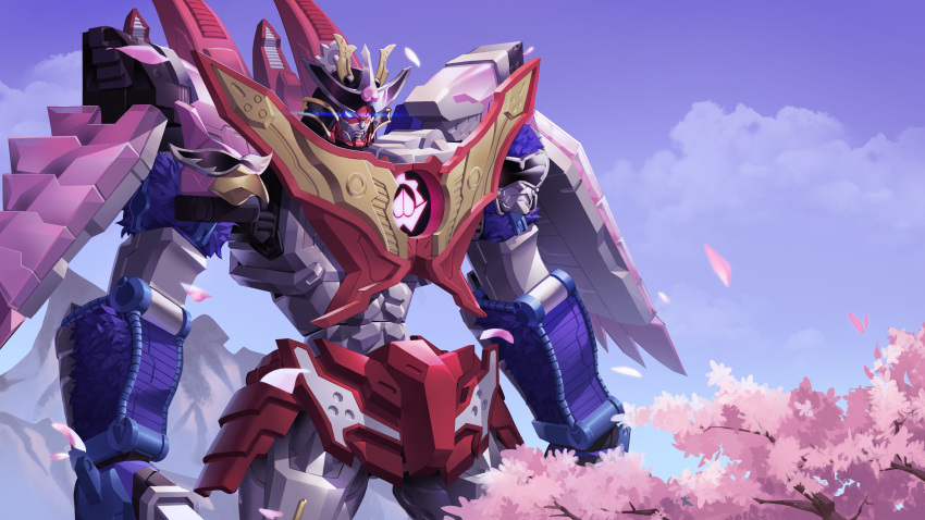 absurdres avataro_sentai_donbrothers blue_eyes blue_sky brown_background cherry_blossoms closed_mouth commentary cowboy_shot dononitaijin erudite-sama highres holding holding_sword holding_weapon looking_at_viewer mecha no_humans robot sheath sheathed sky solo standing super_sentai sword tokusatsu tree weapon