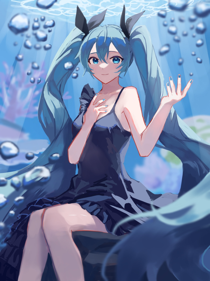 1girl 6o2_(rokumaruni) bangs bare_arms black_bow blue_eyes blue_hair blue_nails blurry blurry_foreground bow bubble closed_mouth collarbone dress floating_hair grey_dress hair_between_eyes hair_bow hatsune_miku highres long_hair looking_at_viewer nail_polish shinkai_shoujo_(vocaloid) short_dress sitting sleeveless sleeveless_dress smile solo twintails very_long_hair vocaloid