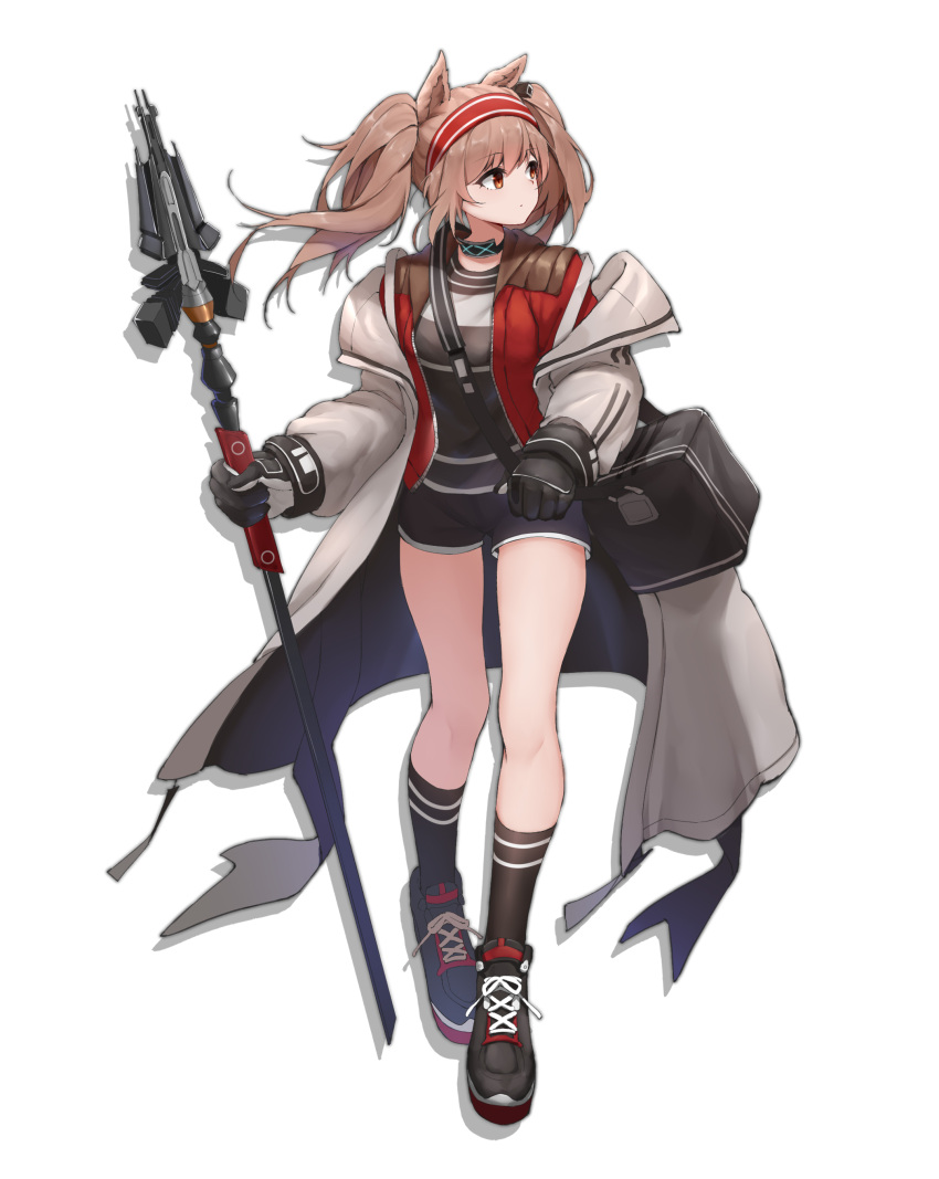 1girl absurdres angelina_(arknights) animal_ears arknights bag black_shorts black_socks brown_hair commentary_request cross-laced_footwear dot_mouth full_body gloves hair_between_eyes highres holding jacket kafeifeifeifeifeifei_jiemo_jun kneehighs long_hair looking_away off_shoulder open_clothes open_jacket red_eyes shadow shoelaces shoes shorts simple_background sneakers socks solo strap thighs two_side_up white_background