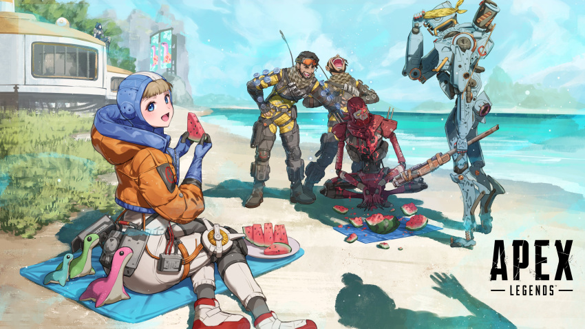 2girls 4boys absurdres android apex_legends ash_(titanfall_2) bandana black_hair blonde_hair blush bodysuit clone food fruit goggles goggles_on_head highres hood hood_up hooded_jacket humanoid_robot jacket laughing looking_to_the_side mirage_(apex_legends) multiple_boys multiple_girls nemoto_yuuma nessie_(respawn) official_art open_mouth orange_jacket pathfinder_(apex_legends) promotional_art red_bandana revenant_(apex_legends) science_fiction shadow shoes simulacrum_(titanfall) sitting smile sneakers storm_point_(apex_legends) stuffed_toy suikawari watermelon wattson_(apex_legends) white_bodysuit white_footwear wraith_(apex_legends) yellow_bodysuit