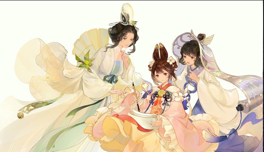 3girls :d bell black_hair blue_dress book breasts brown_eyes brown_hair bun_cover character_request chinese_clothes closed_mouth dress fang flower folding_fan food frilled_sleeves frills fruit hair_bun hair_flower hair_ornament hair_stick hair_through_headwear hand_fan hanfu holding holding_book holding_paintbrush jingle_bell layered_sleeves long_sleeves looking_at_another looking_away looking_down multiple_girls open_mouth paintbrush quad_bun red_dress robe sash scroll see-through simple_background single_hair_bun smile standing tassel transparent updo veil wang_chuan_feng_hua_lu white_background white_robe wide_sleeves writing zhenzhan79811