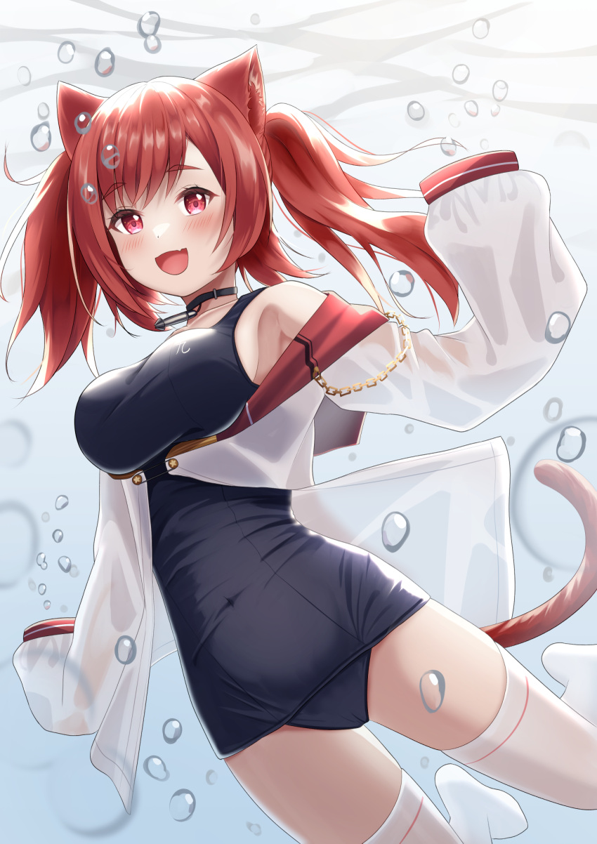 1girl :d animal_ears armpits arms_up azur_lane bare_shoulders blue_swimsuit blush breasts cat_ears cat_girl cat_tail covered_navel diving fang from_below happy highres i-19_(azur_lane) jacket jacket_pull jewelry long_hair looking_at_viewer medium_breasts necklace off_shoulder one-piece_swimsuit outstretched_arms red_eyes redhead smile solo swimming swimsuit tail thigh-highs thighs torpedo twintails underwater very_long_sleeves white_jacket white_thighhighs yorumon