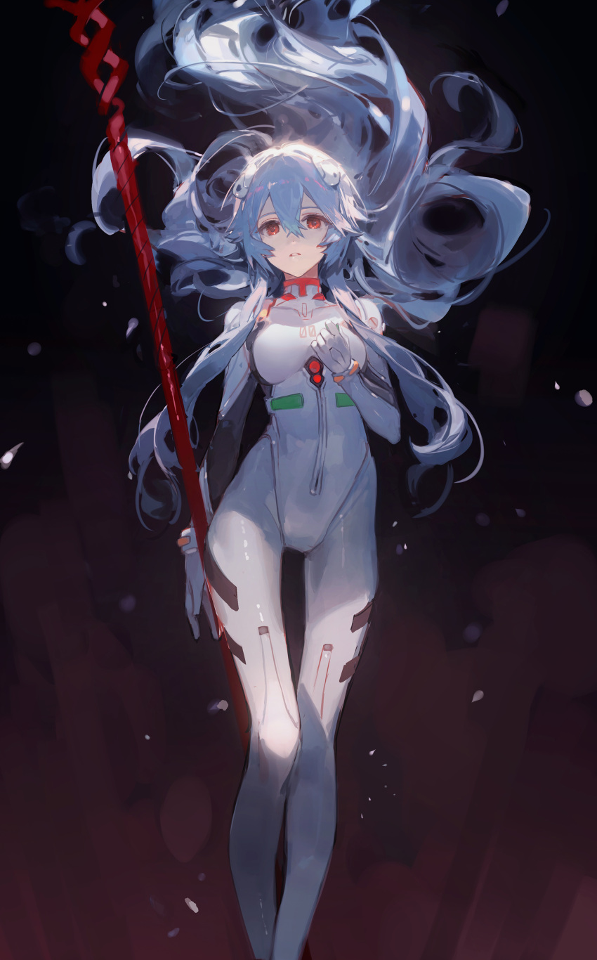 1girl absurdres ayanami_rei bodysuit ciloranko dark_background evangelion:_3.0_you_can_(not)_redo falling_petals floating_hair highres lance_of_longinus light_blue_hair long_hair looking_at_viewer neon_genesis_evangelion petals rebuild_of_evangelion red_eyes solo very_long_hair white_bodysuit