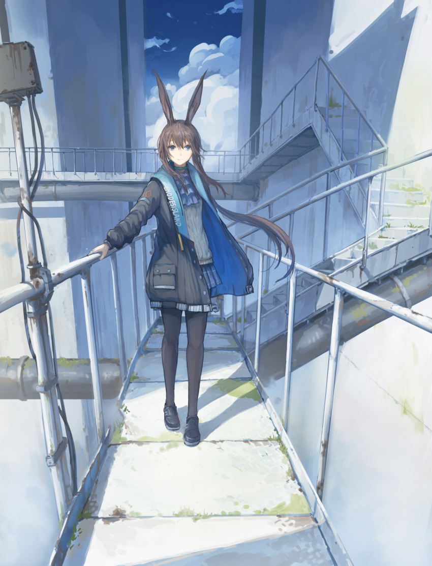 1girl absurdres amiya_(arknights) animal_ears arknights bangs black_jacket black_pantyhose blue_eyes blue_skirt blue_sky brown_hair closed_mouth clouds commentary hang000 highres jacket long_hair long_sleeves looking_at_viewer open_clothes outdoors pantyhose ponytail rabbit_ears rust shadow skirt sky smile solo stairs standing