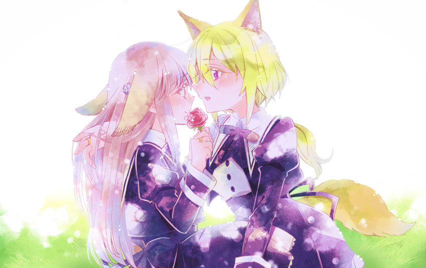 2girls absurdres amano_soraha animal_ears assault_lily bangs black_ribbon black_skirt blonde_hair blush bright_pupils closed_mouth day egawa_kusumi face-to-face flower flower_to_mouth fox_ears fox_girl fox_tail from_side grass grey_hair hair_between_eyes hair_flower hair_ornament hand_in_another's_hair hand_up hands_up high-waist_skirt highres holding holding_flower jewelry juliet_sleeves kemonomimi_mode light_particles long_hair long_sleeves looking_at_another low_ponytail multiple_girls neck_ribbon outdoors parted_lips ponytail profile puffy_sleeves rabbit_ears rabbit_girl red_flower red_rose ribbon ring rose school_uniform shirt sidelocks sitting skirt smile sorato_(astllatte) tail very_long_hair violet_eyes white_background white_pupils white_shirt yuri yurigaoka_girls_academy_school_uniform