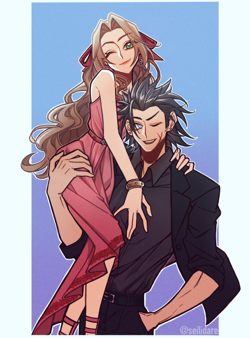 1boy 1girl aerith_gainsborough bare_shoulders black_hair blue_eyes bracelet brown_hair carrying couple dress earrings final_fantasy final_fantasy_vii final_fantasy_vii_remake formal green_eyes hair_ribbon hand_in_pocket highres jewelry lifting_person long_hair one_eye_closed over pink_dress pink_ribbon red_lips ribbon scar scar_on_cheek scar_on_face seilidare shoulder sleeveless sleeveless_dress spiky_hair zack_fair