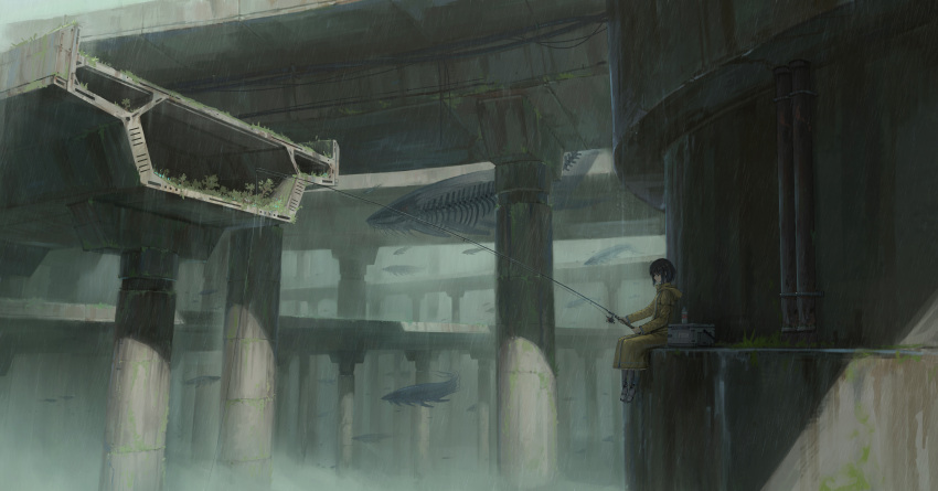 1girl absurdres black_hair bottle chinese_commentary city cityscape commentary_request fishing fishing_rod hang000 highres holding holding_fishing_rod industrial_pipe original outdoors overgrown overpass rain ruins scenery science_fiction short_hair sitting solo water_bottle