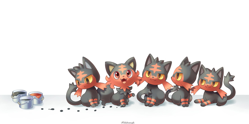 :3 alternate_color alternate_shiny_pokemon animal_focus artist_name bucket cat colored_sclera commentary_request fangs footprints full_body happy highres litten looking_at_another looking_at_viewer looking_down looking_to_the_side lying no_humans odd_one_out on_stomach open_mouth paint pokemon pokemon_(creature) red_eyes sasabunecafe signature simple_background sitting smile sprigatito twitter_username white_background yellow_sclera