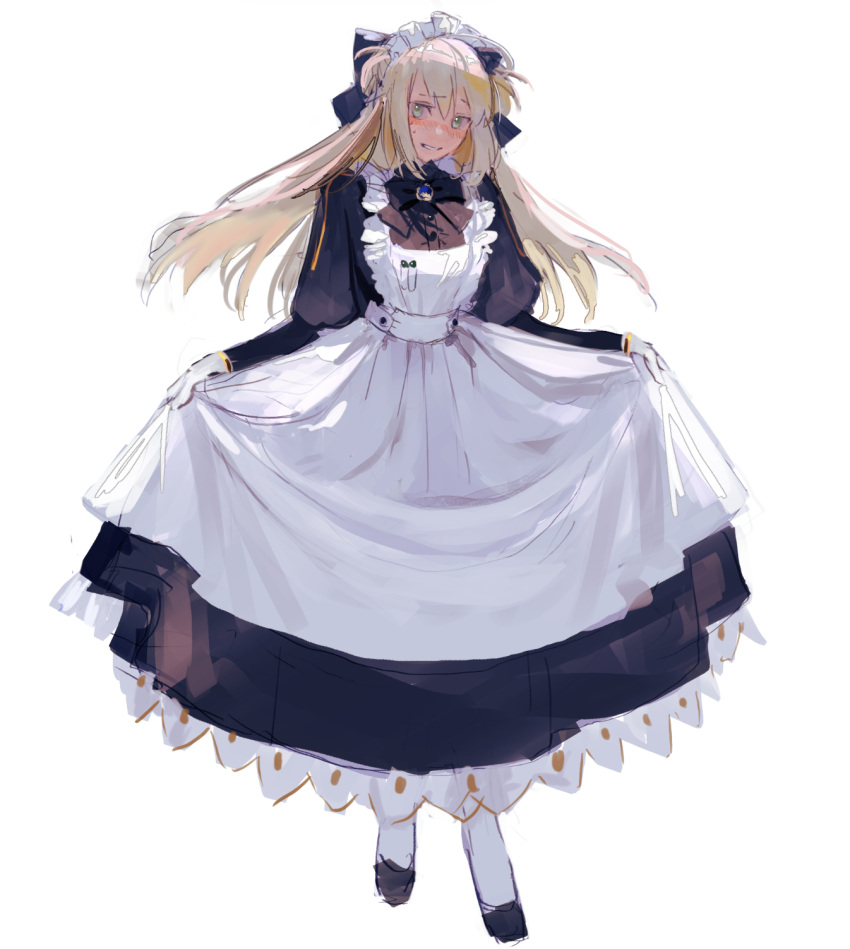 1girl alternate_costume apron artoria_caster_(fate) artoria_pendragon_(fate) black_bow black_dress blonde_hair blush bow brooch curtsey dress enmaided fate/grand_order fate_(series) frilled_dress frills gloves green_eyes hair_bow highres jewelry juliet_sleeves long_hair long_sleeves maid maid_apron maid_headdress nose_blush pantyhose puffy_sleeves solo sweatdrop ubwmitekure white_background white_gloves