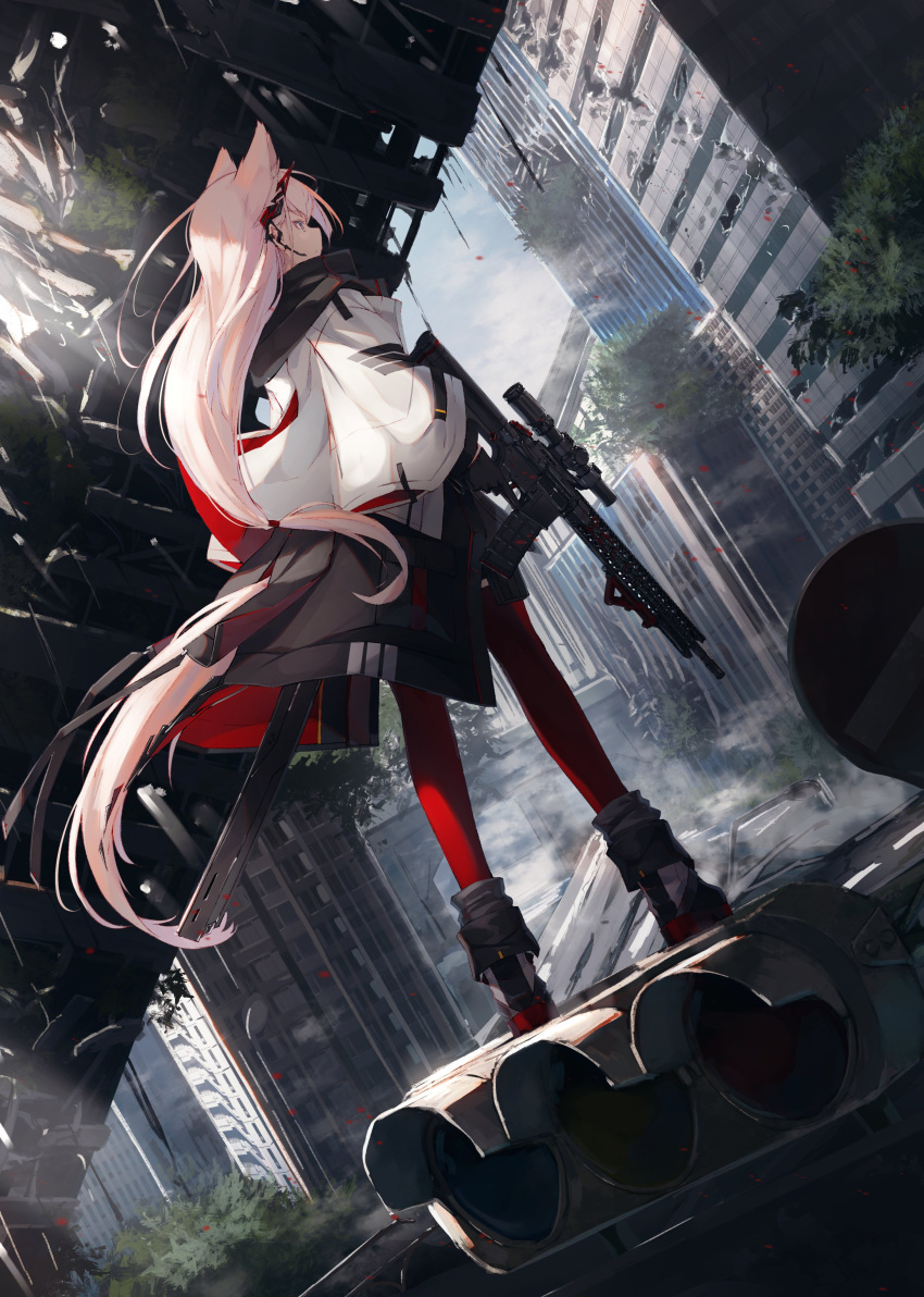 1girl absurdres animal_ears ar-15 black_gloves building day dutch_angle extra_ears gloves gun headset highres holding holding_gun holding_weapon long_hair low-tied_long_hair nagishiro_mito original pink_hair rifle ruins solo trigger_discipline violet_eyes weapon wide_sleeves
