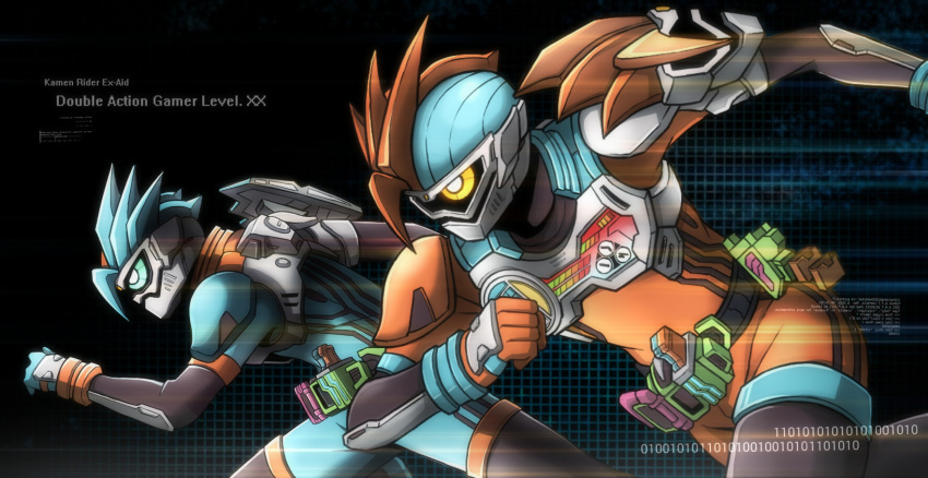 2boys aqua_eyes aqua_gloves aqua_hair armor asumakobayashi black_bodysuit bodysuit breastplate character_name double_action_gamer_level_x driver_(kamen_rider) dual_persona gamer_driver gloves helmet highres inverted_colors kamen_rider kamen_rider_ex-aid kamen_rider_ex-aid_(series) male_focus mighty_brothers_xx multiple_boys orange_armor orange_eyes orange_gloves orange_hair rider_belt rider_gashat running siblings tokusatsu twins