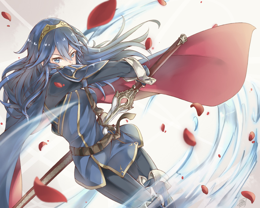 absurdres armor belt blue_armor blue_cape blue_eyes blue_gloves blue_hair cape circlet fingerless_gloves fire_emblem fire_emblem_awakening gloves hair_between_eyes highres holding holding_sword holding_weapon limitless_skye long_hair lucina_(fire_emblem) multicolored_cape multicolored_clothes pauldrons petals red_cape scabbard sheath sheathing shoulder_armor signature sword two-tone_cape weapon wind