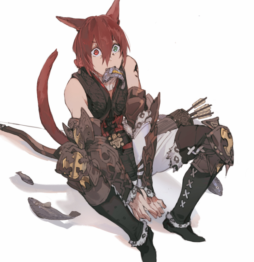 1boy animal_ears aqua_eyes arm_guards arrow_(projectile) bangs black_footwear black_pants boots bow_(weapon) cat_boy cat_ears cat_tail code009 cross-laced_footwear facial_mark feet_out_of_frame final_fantasy final_fantasy_xiv fish from_above g'raha_tia hair_between_eyes heterochromia highres knee_boots knee_guards knees_up looking_at_viewer male_focus miqo'te mouth_hold pants quiver red_eyes redhead short_hair simple_background sitting sleeveless solo tail v_arms vest weapon white_background white_pants
