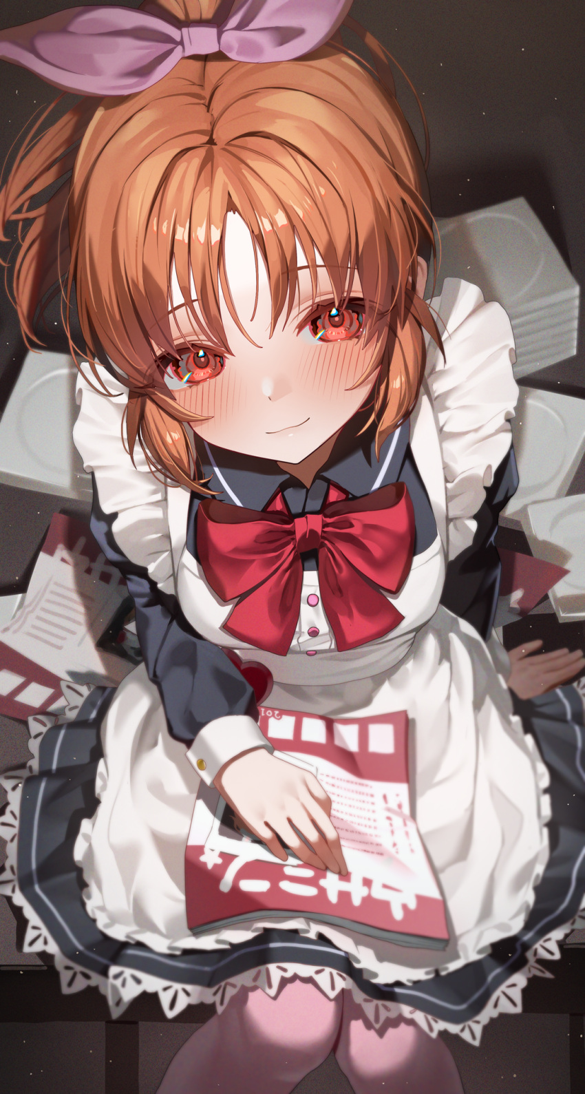 1girl abe_nana alternate_costume blush bow bowtie brown_hair closed_mouth commentary_request enmaided hair_ribbon highres idolmaster idolmaster_cinderella_girls long_sleeves maid ningen_mame pantyhose pink_pantyhose pink_ribbon ponytail red_bow red_bowtie red_eyes ribbon sitting smile solo