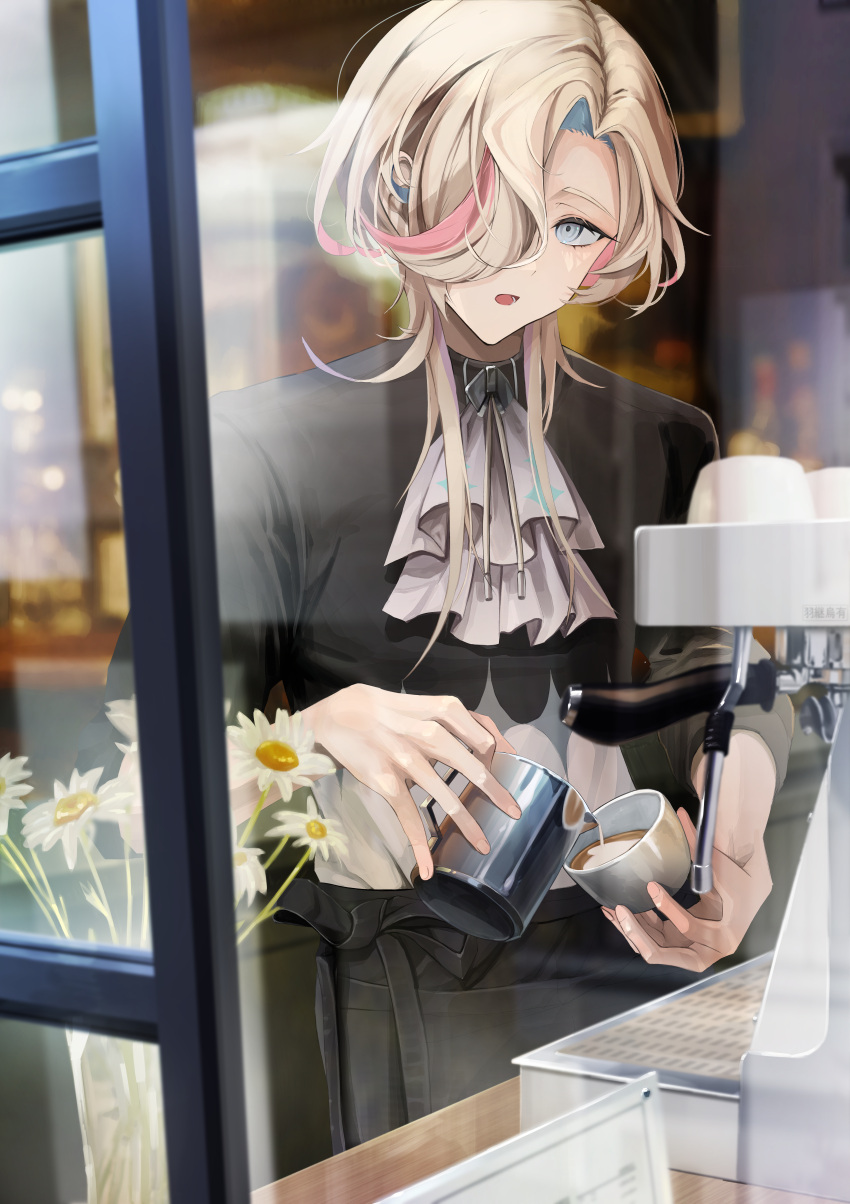 1boy :o absurdres apron ascot barista black_apron black_shirt blue_hair cafe coffee coffee_maker_(object) cup daisy flower from_outside grey_ascot grey_eyes hair_over_one_eye highres holding holding_cup holding_jug holostars latte_art looking_at_viewer lower_teeth male_focus medium_hair milk multicolored_hair pink_hair pouring purple_hair shirt solo sparkle_print streaked_hair teeth turtleneck two-tone_shirt upper_body utsugi_uyu vase virtual_youtuber waist_apron white_flower white_hair white_shirt window yonmaru6