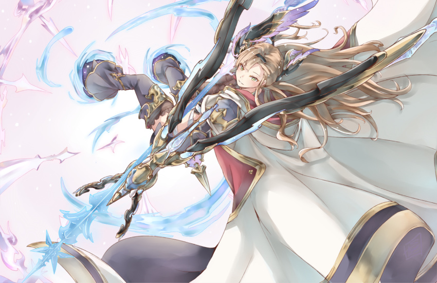 1girl aiming armor arrow_(projectile) bow_(weapon) brown_hair brown_thighhighs coat coat_on_shoulders feather_hair_ornament feathers frilled_legwear frills granblue_fantasy green_eyes hair_ornament headgear holding holding_arrow holding_bow_(weapon) holding_weapon hood hood_down hooded_coat light_particles limitless_skye long_hair magic multicolored_clothes multicolored_coat parted_lips pauldrons purple_feathers shoulder_armor smile solo thigh-highs tweyen_(granblue_fantasy) two-tone_coat weapon white_coat