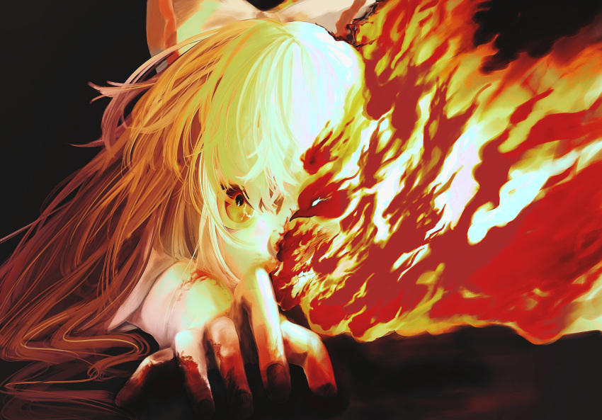 1girl blood blood_on_face blood_on_hands bow burnt_clothes chinese_commentary commentary covering_mouth fingernails fire fujiwara_no_mokou hair_bow hair_over_eyes highres long_hair looking_at_viewer portrait red_eyes solo touhou white_bow white_hair xinzang_baozha