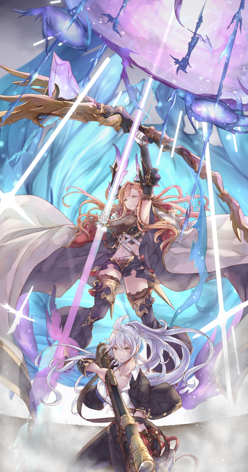 2girls ahoge arm_up armor arrow_(projectile) belt black_armor black_jacket bow_(weapon) braid brown_hair brown_thighhighs closed_mouth coat coat_on_shoulders diffraction_spikes feather_hair_ornament feathers fog frilled_legwear frills glint gloves granblue_fantasy green_eyes grey_coat grey_hair gun hair_ornament headgear highres holding holding_bow_(weapon) holding_gun holding_weapon hood hood_down hooded_coat jacket limitless_skye long_hair magic multicolored_clothes multicolored_coat multiple_girls navel open_clothes open_jacket parted_lips ponytail portal_(object) purple_feathers red_coat silva_(granblue_fantasy) smile thigh-highs tweyen_(granblue_fantasy) very_long_hair weapon white_gloves yellow_eyes