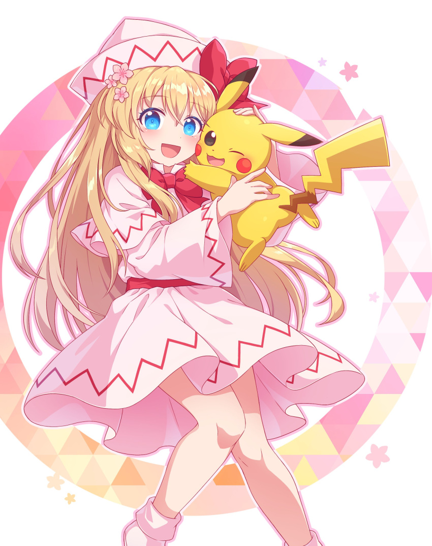 1girl absurdres blonde_hair blue_eyes blush capelet crossover dress fairy fairy_wings feet_out_of_frame gift_art hair_between_eyes hat highres kaoling lily_white long_hair long_sleeves open_mouth pikachu pokemon pokemon_(creature) smile solo touhou white_capelet white_dress white_headwear wide_sleeves wings