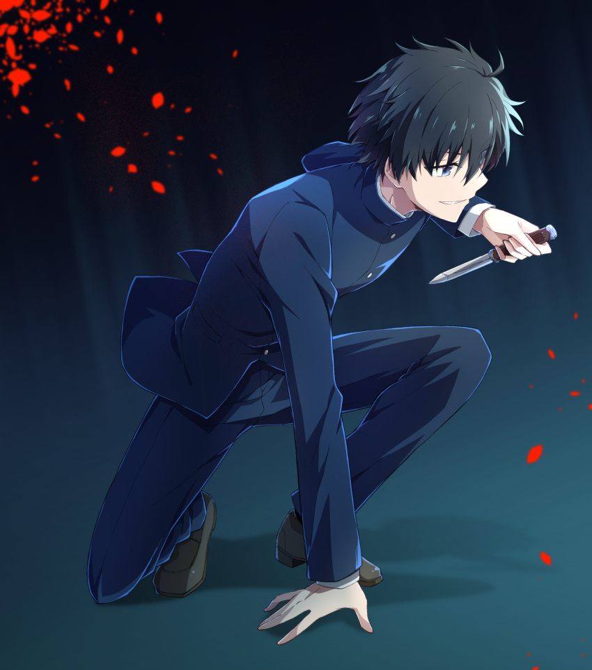 1boy absurdres ahoge azami_masurao black_hair blood blue_eyes blue_jacket blue_pants brown_footwear buttons commentary_request evil_grin evil_smile grin highres holding holding_knife holding_weapon jacket knife long_sleeves looking_away male_focus melty_blood nanaya_shiki pants school_uniform shoes short_hair smile solo teeth tohno_shiki tsukihime weapon