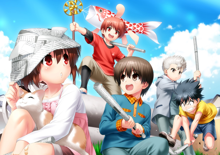 1girl 4boys anniversary bandaid bandaid_on_face black_hair blush brown_eyes brown_hair cat clouds day grass grey_hair highres hood hooded_jacket inohara_masato jacket koinobori little_busters! looking_at_another miyazawa_kengo multiple_boys naoe_riki natsume_kyousuke natsume_rin newspaper official_art open_clothes open_jacket open_mouth outdoors paper_hat parted_lips playing red_eyes rolled_up_newspaper shirt shorts sky smile t-shirt windsock younger zen_(kamuro)