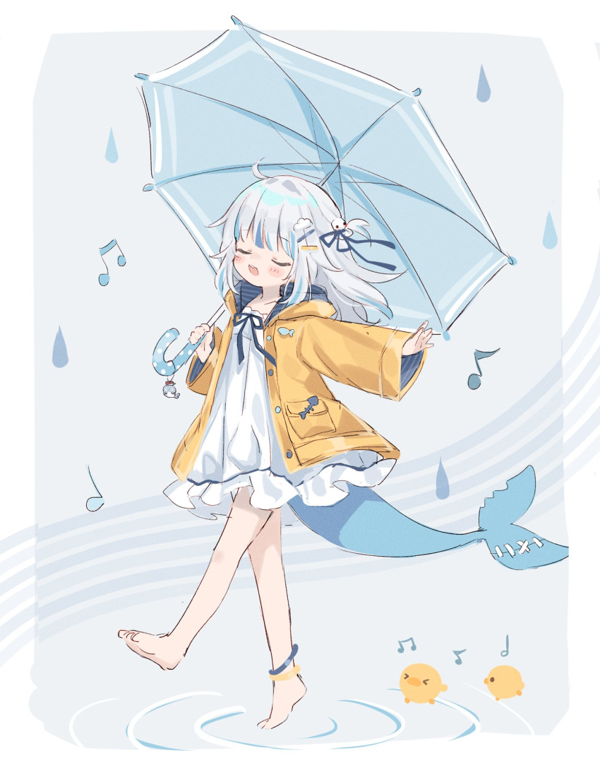 1girl ahoge anklet bangs barefoot bird blue_hair blue_ribbon blush chick closed_eyes commentary dress feet fish_tail full_body gawr_gura hair_ribbon highres holding holding_umbrella hololive hololive_english jewelry medium_hair multicolored_hair music open_mouth outstretched_arm rain raincoat ribbon shark_tail shouu-kun singing solo standing streaked_hair symbol-only_commentary tail toes umbrella virtual_youtuber walking water_drop white_dress white_hair