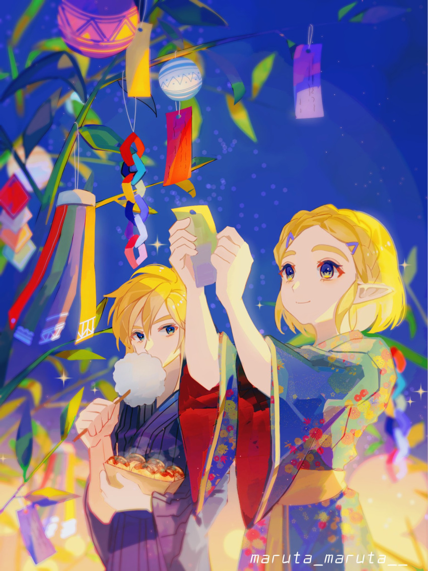 1boy 1girl bamboo bangs blonde_hair blue_eyes braid cowboy_shot eating food hair_between_eyes hair_ornament hairclip hands_up highres holding holding_food holding_paper japanese_clothes kimono link looking_at_another looking_up maruta_maruta outdoors paper parted_bangs pointy_ears princess_zelda short_hair sidelocks smile sparkle tanabata tassel the_legend_of_zelda the_legend_of_zelda:_breath_of_the_wild thick_eyebrows wide_sleeves